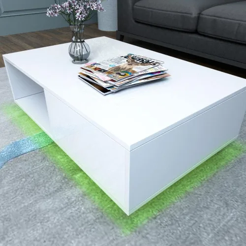 Vista 4 de COSVALVE Mesa de centro LED blanca brillante con 16 luces de colores, mesa auxiliar para sala de estar, moderna mesa de sofá brillante con cajón