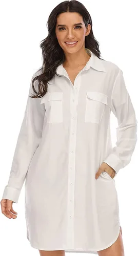 Vista 3 de LUSMAY Vestido casual de verano con cuello en V y botones para mujer de manga larga con bolsillo