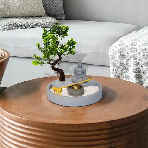 Vista 7 de Portavelas Zen Garden de forma redonda, con una mini estatua de Buda y un árbol bonsái, un arte japonés perfecto para relajación y meditación