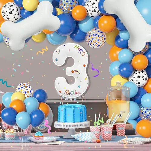 Vista 2 de Juego de 118 globos azules y naranjas de tercer cumpleaños, globos de pata de perro, suministros para fiestas de cumpleaños Blue3