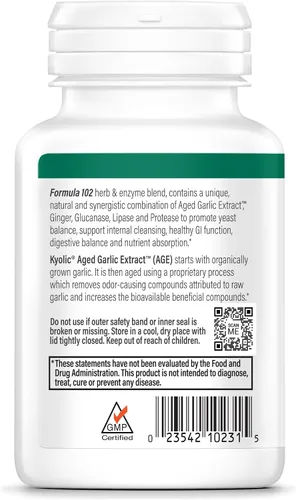 Vista 2 de Kyolic, Aged Garlic Extract, Formula de limpieza de candida y digestión, Fórmula 102, 200 cápsulas vegetarianas, 10231, 1, 1
