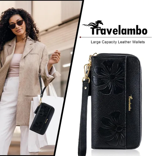 Vista 8 de Travelambo Cartera con borla plegable para mujer, bolso de mano con correa para la muñeca, bolso largo