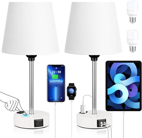 Vista 9 de Mini Lámparas de Mesita de Noche para Dormitorios Juego de 2 - Lámparas de Mesita de Noche para Dormitorio con Puerto USB C y Toma de Corriente AC