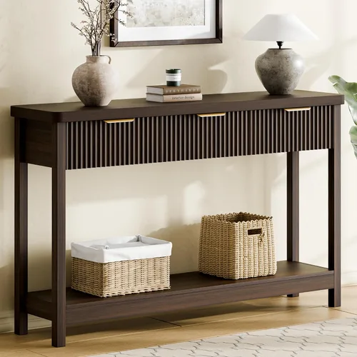 Vista 10 de Lulive Mesa Consola Acanalada de 51" para Entrada, Mesa de Entrada con 3 Cajones de Madera, Mesa Estilo Granja Detrás del Sofá para Sala de Estar