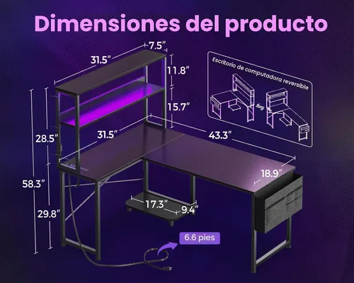 Vista 3 de ODK Escritorio en forma de L de 43 pulgadas con iluminación LED, escritorio reversible para juegos con tomas de corriente, mesa de computadora