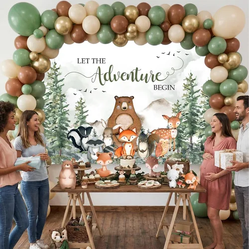Vista 4 de Avezano Telón de fondo de baby shower con texto en inglés "Let The Adventure Begin Baby Show", decoración de fiesta para niños, pancarta de desierto