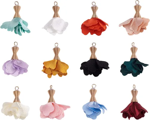 Vista 9 de Cheriswelry Colgantes de flores de tela de tela con pétalos florales con tapa dorada para aretes de bricolaje, llavero, fabricación de joyas