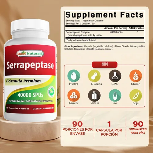 Vista 2 de Best Naturals Serrapeptase 40000 SPUs 90 Vcaps (90 unidades (paquete de 1))