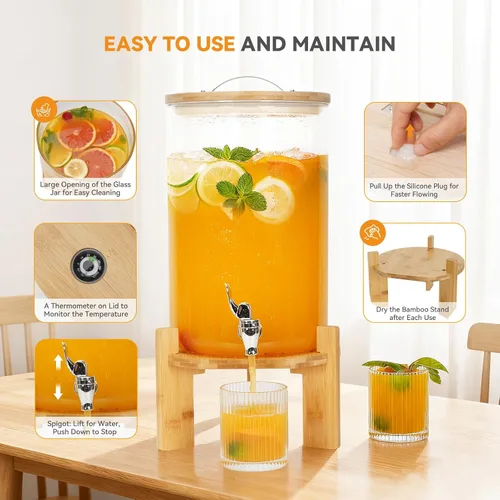 Vista 5 de WILLOW WEAVE - Dispensador de bebidas de vidrio de 2.1 galones con soporte, dispensador grande de bebidas para fiestas, grifo a prueba de fugas