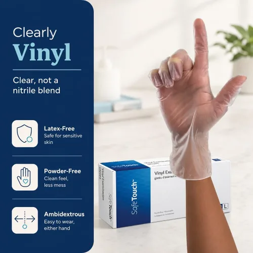 Vista 2 de Dynarex Safe-Touch Guante de revisión de vinilo sin talco, grande, 100 unidades, Transparente, 10
