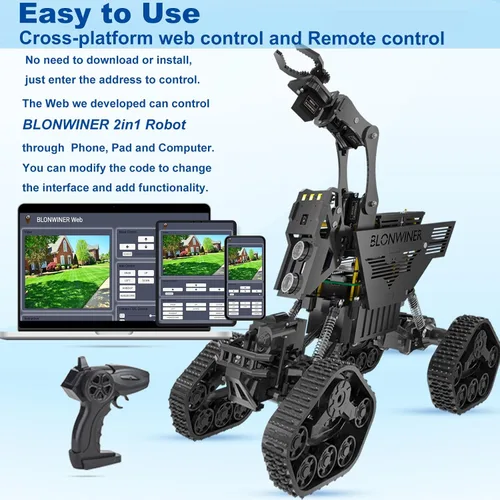 Vista 5 de Kit de carro robot BLONWINER, juguete de construcción de brazo robótico inteligente 2 en 1 para codificación Python en Raspberry Pi, kits de tanque