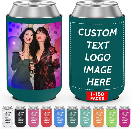 Vista 27 de Valyria Fundas enfriadoras de latas personalizadas, 1 unidad, plegable, aislante, soporte para bebidas con logotipo, imagen, texto para aniversario