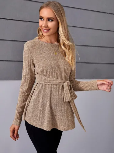 Vista 3 de MakeMeChic Camisas de maternidad para mujer, casual, manga larga, lazo frontal, punto acanalado, para embarazo