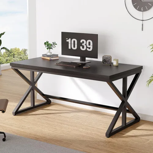 Vista 9 de IBF - Escritorio de oficina negro, moderno escritorio de metal de madera para computadora en oficina, 47 pulgadas