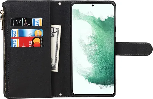 Vista 3 de Cavor Funda tipo cartera cruzada para Samsung Galaxy S22 Plus, color negro Funda de cuero con cierre magnético con cremallera y función atril TPU