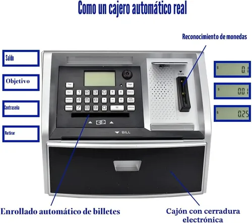 Vista 2 de Banco de ahorros tipo cajero automático con tarjeta de débito, alcancía electrónica para dinero real, reconocimiento de monedas, configuración