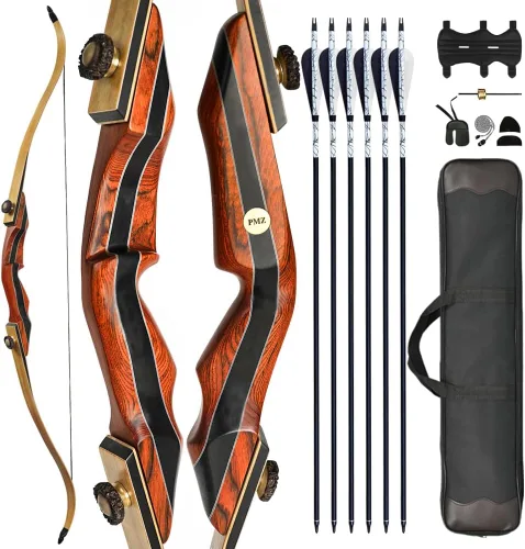 Vista 7 de PMZ Recurve Bow and Arrow Set, 60" Wooden Takedown Hunting Bows 20-60 lbs Negro