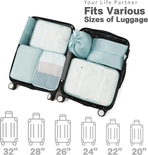 Vista 6 de Juego de 7 cubos de embalaje, esenciales de viaje para llevar de mano, organizadores de equipaje de viaje ligeros esenciales, ropa y zapatos, cubo