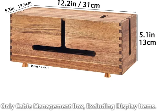 Vista 2 de SARUFO Caja de organización de cables de madera de acacia, organizador de cables de madera con 4 pies de metal, organizador para escritorio y piso