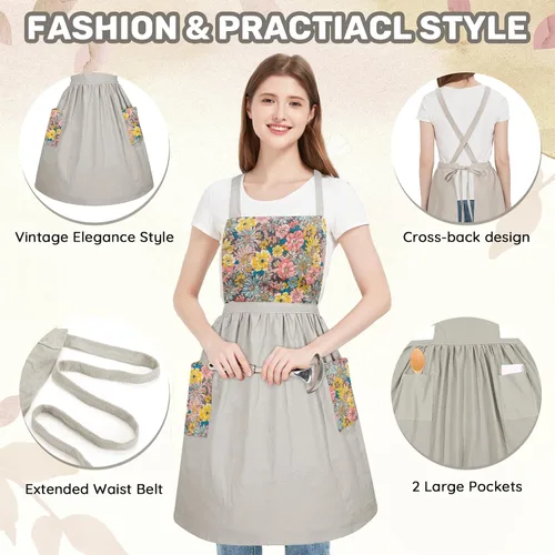 Vista 4 de Pinafore - Delantal de chef para mujer, estilo vintage, con volantes, con bolsillos y lazos largos, con espalda cruzada, bonito delantal de cocina