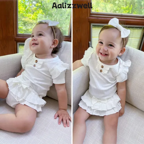 Vista 30 de Aalizzwell Body de manga corta para bebé niña con pantalones cortos acanalados