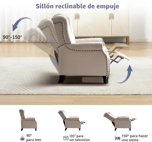 Vista 4 de Silla Reclinable Push Back, Silla de Acento de Tela Reclinable Push Back con Decoración de Remaches, Respaldo Abotonado Capitoné, Sillón Wingback