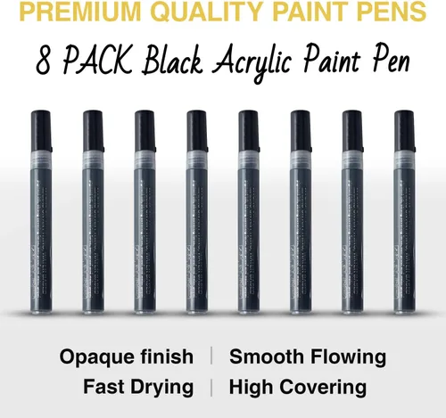 Vista 7 de AKARUED Marcadores de pintura acrílica negra: paquete de 8 bolígrafos de pintura negra, marcadores de pintura negra acrílica para pintura de roca
