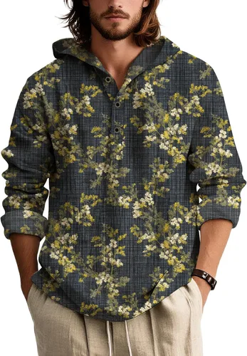 Vista 19 de Sudadera con capucha con estampado bohemio para hombre, de otoño, a la moda, con un cuarto de botón, manga larga, holgada, con capucha, de gran