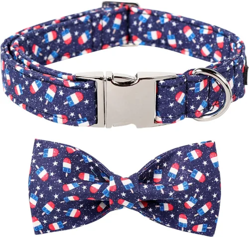 Vista 15 de Maca Bates - Collar de perro con bandera estadounidense del 4 de julio con pajarita para perros, corbatín de 4 de 7 banderas, azul, ajustable