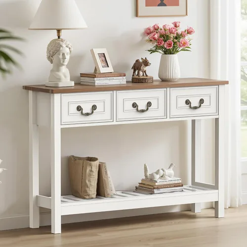 Vista 8 de Mesa consola estrecha con 3 cajones, mesa de entrada con estantes de almacenamiento, mesa de sofá detrás del sofá, mesa de sofá de madera para sala