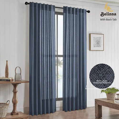 Vista 8 de Cortinas con pestaña trasera de 84 pulgadas de largo, mezcla de lino, juego de 2 paneles, cortinas azul oscuro extra anchas para patio, pasillo