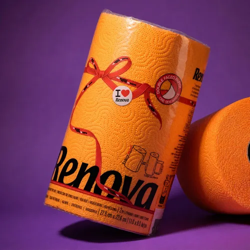 Vista 2 de Renova Toalla de papel naranja Jumbo Rollo de 2 capas 120 hojas altamente absorbentes