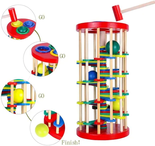 Vista 2 de AVIUDHE Juguete de bola de madera para niños, banco que golpea, martillo, rampa, rollo, juguetes educativos Montessori, regalo para bebés y niños