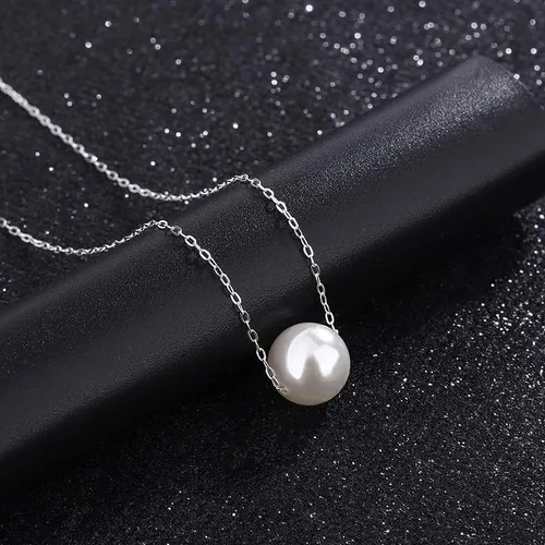 Vista 2 de Gargantilla flotante de plata de ley 925 con perlas de concha de 0.315in, collar de dama de honor para mujer, color blanco (CYX0009), Perla, Perla