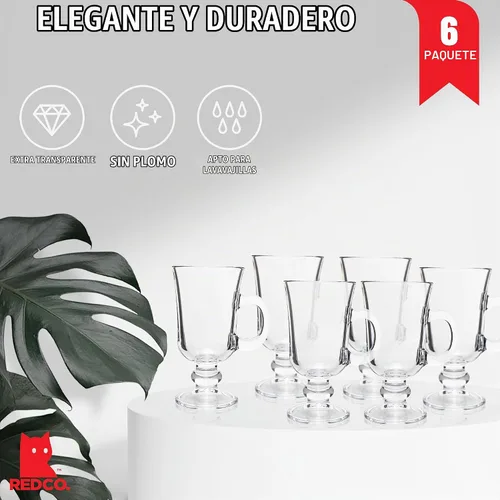 Vista 2 de Red Co. Taza de café irlandesa de cristal transparente con pies originales, juego de 6-7.75 onzas