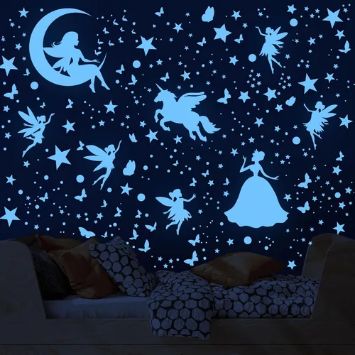 Vista 7 de Decoración de dormitorio de unicornio con estrellas que brillan en la oscuridad para niñas, calcomanías de pared de mariposa de hadas, calcomanías