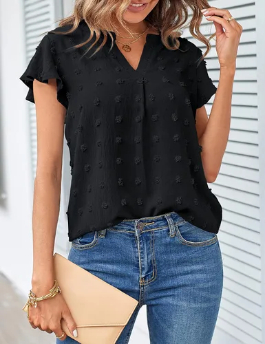 Vista 2 de MEROKEETY Blusa de verano de manga corta con volantes y cuello en V para mujer 2023, con lunares suizos, blusa de túnica