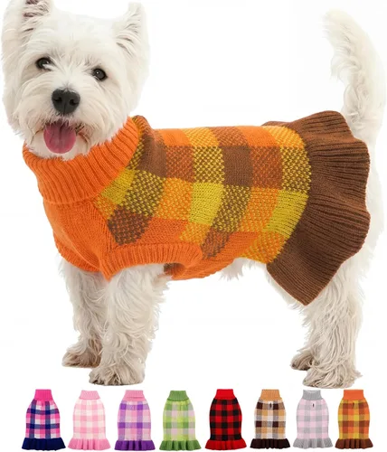 Vista 11 de Vestido suéter para perro, ropa de punto a cuadros para perros pequeños y medianos, cálido pullover de cuello alto elástico para cachorro y mascota