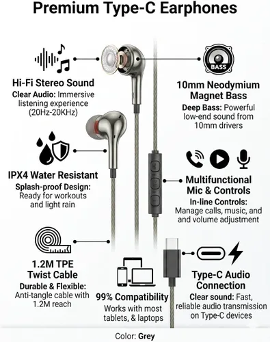 Vista 3 de Chrome - Paquete de 50 auriculares USB C con cable para iPhone 17 16 15 Pro Max, auriculares USBC con micrófono y control de volumen, auriculares
