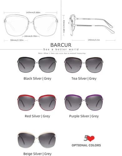 Vista 3 de Barcur Gafas de sol polarizadas para mujer, estilo de lujo, marco de gran tamaño, lente de gradiente grande