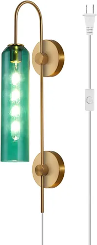 Vista 12 de BOKT Apliques de pared modernos de mediados de siglo con enchufe para interiores, largos, oro cepillado, vidrio blanco leche, apliques