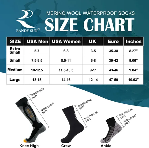 Vista 6 de RANDY SUN Merino Wool Hiking Waterproof Socks, Unisex Lightweight Breathable Multisport Crew Socks 1 Pair