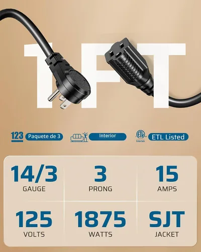 Vista 2 de DEWENWILS Cable de extensión corto de 1 pie, cable de extensión de cabeza plana para interiores con 3 puntas, cable de alimentación de perfil bajo