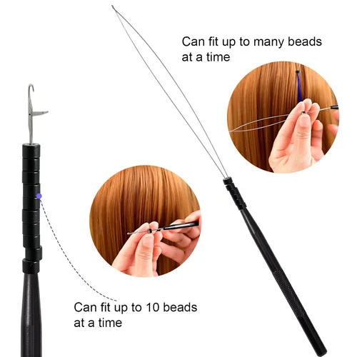 Vista 3 de NEWISHTOOL Kit de herramientas de extensión de cabello de acero inoxidable, gancho para tirar de aguja de bucle y enhebrador, dispositivo de cuentas