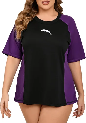 Vista 14 de Halcurt Women's Plus Size Rash Guard Swim Shirt with Built in Bra Swimsuit Todo negro