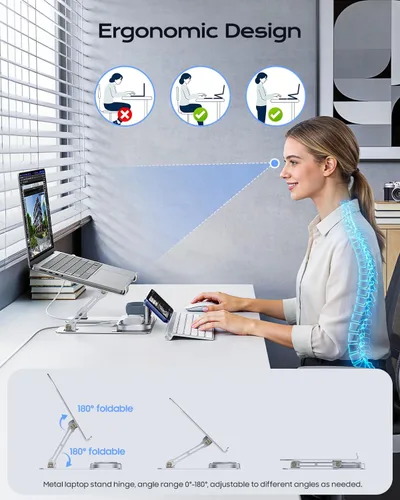 Vista 3 de Meifigno Soporte para laptop con base de estación de carga inalámbrica, soporte plegable de aluminio para MacBook con cargador MagSafe