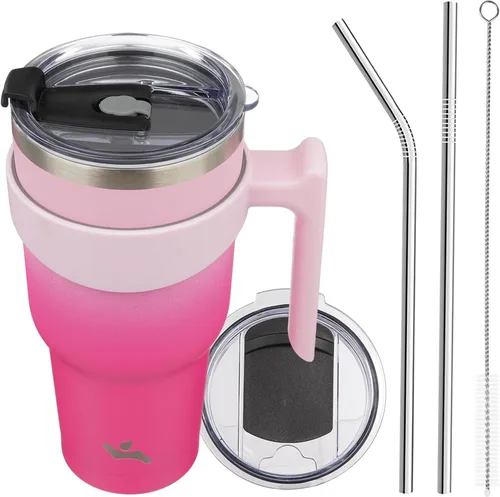 Vista 22 de Konokyo - Vaso de 10 onzas con asa y 2 popotes, 2 tapas, botella de agua aislada de acero inoxidable, taza de viaje reutilizable, color verde militar