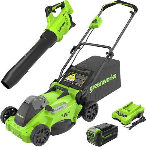 Vista 2 de Greenworks Cortacésped inalámbrico sin escobillas de 40 V y 16 pulgadas + recortadora de cuerda TORQDRIVE de 40 V y 15 pulgadas, batería de 4.0 Ah