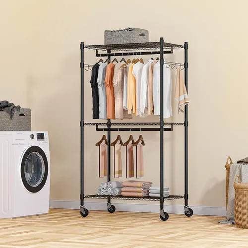 Vista 7 de Homdox Estante para ropa resistente con 3 estantes ajustables de alambre, estantes para ropa para colgar, estante de ropa de doble barra, armario
