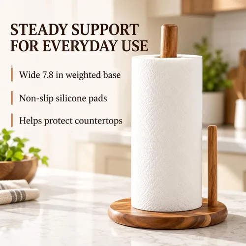 Vista 2 de Soporte para toallas de papel de madera de acacia, soporte para Toallero de papel antideslizante para cocina, baño, mesa de comedor, fácil